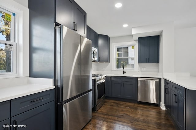 kitchen with stainless steel appliances, sink, and dark hardwood / wood-style flooring