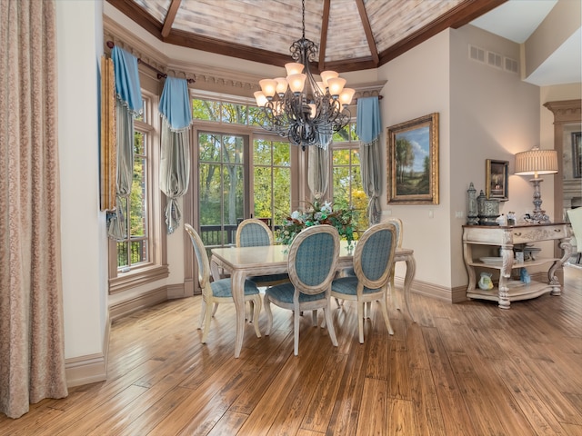 dining space featuring lofted ceiling, light hardwood / wood-style flooring, a notable chandelier, and wood ceiling