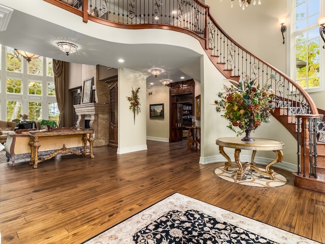 entryway featuring hardwood / wood-style flooring, a large fireplace, and a high ceiling