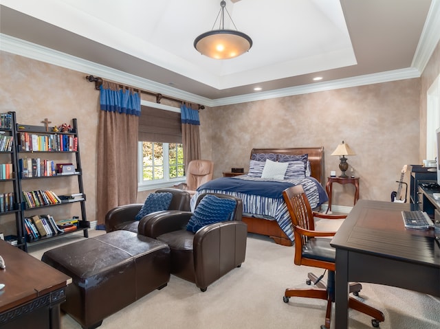 bedroom with light carpet, crown molding, and a raised ceiling