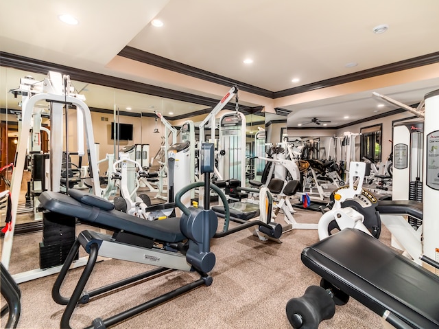 exercise room with crown molding and ceiling fan