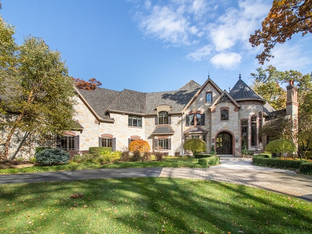 french country inspired facade featuring a front yard and a balcony