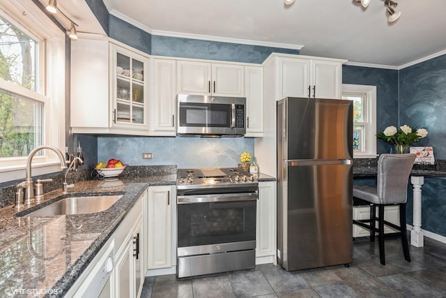 kitchen featuring white cabinetry, stainless steel appliances, crown molding, and sink