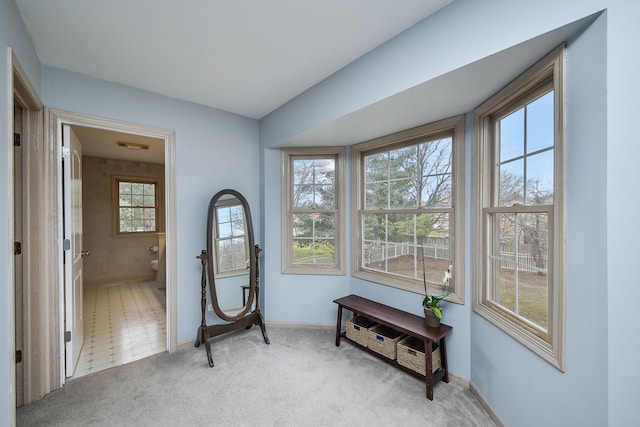 living area featuring light carpet