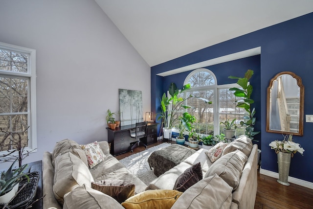 living room featuring high vaulted ceiling and dark hardwood / wood-style floors