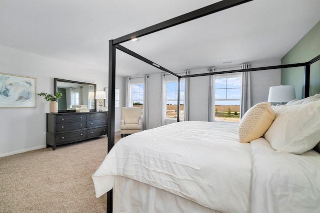 bedroom with light colored carpet