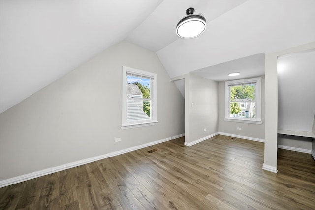 additional living space featuring lofted ceiling, a healthy amount of sunlight, and hardwood / wood-style flooring