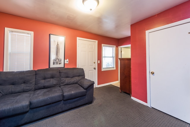 living room with dark carpet