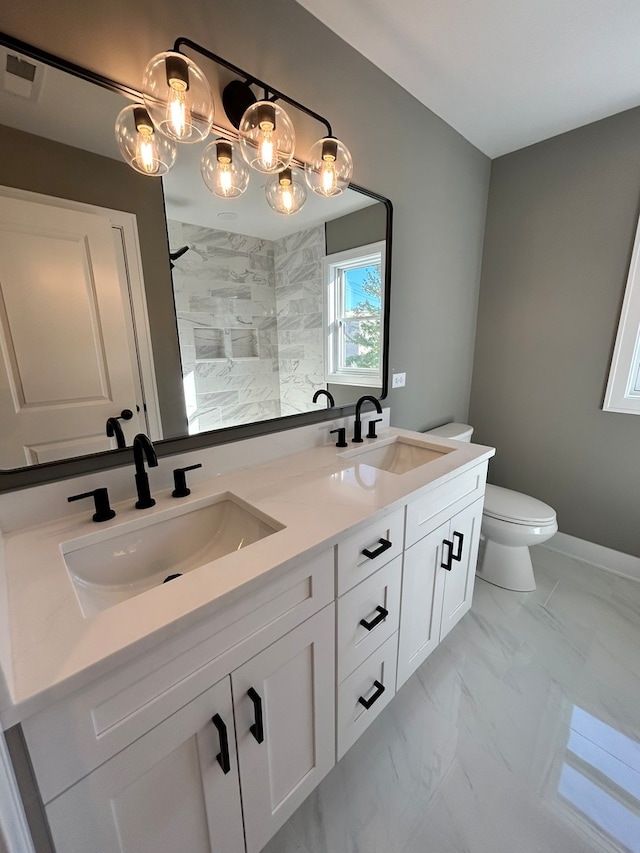 bathroom with vanity, toilet, and walk in shower