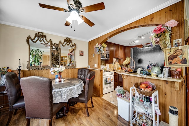 dining room with ceiling fan, wood-type flooring, ornamental molding, and rail lighting