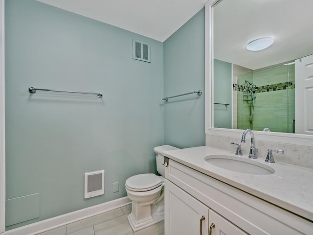 bathroom with vanity, toilet, walk in shower, and heating unit