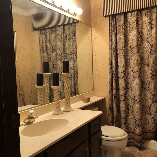 bathroom featuring toilet, vanity, and ornamental molding