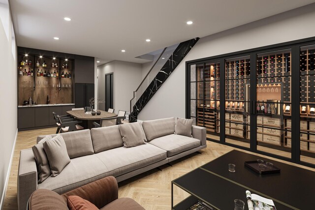 1342 W Wellington Ave, Chicago, IL 60657 - living area featuring stairs, recessed lighting, and bar area