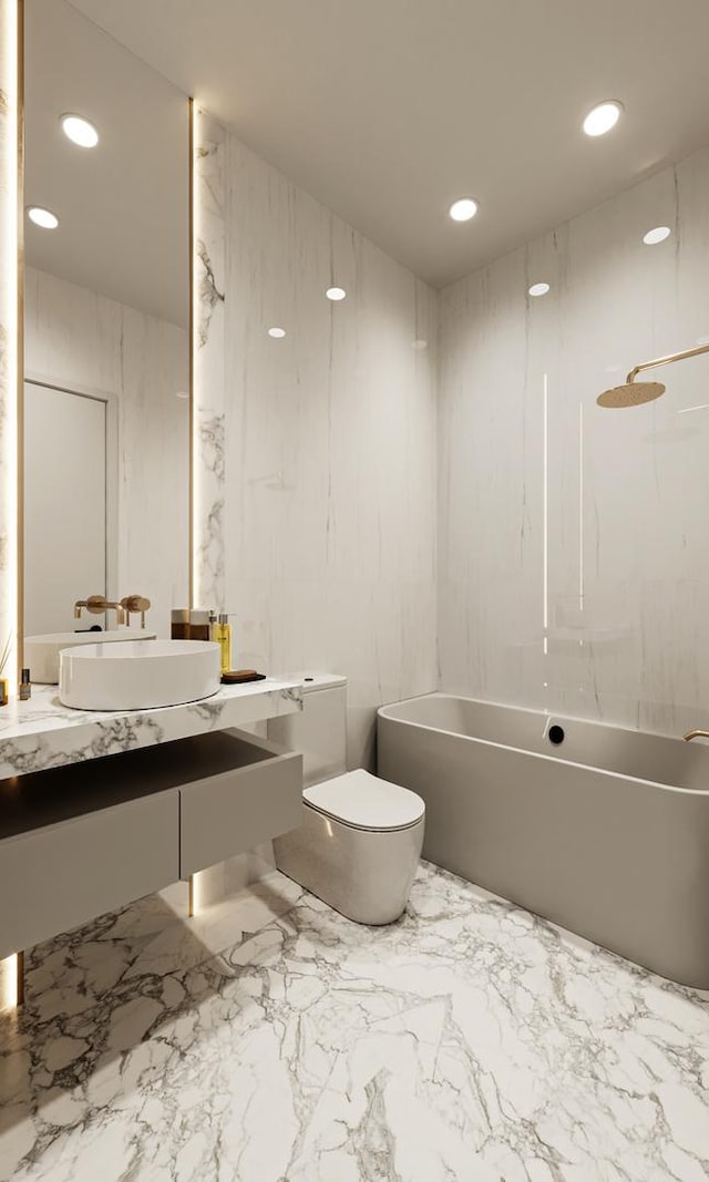 1342 W Wellington Ave, Chicago, IL 60657 - full bathroom with marble finish floor, a shower, toilet, a washtub, and recessed lighting