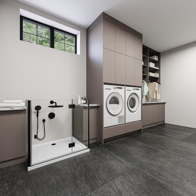 1342 W Wellington Ave, Chicago, IL 60657 - clothes washing area with dark carpet, cabinet space, and washer and dryer
