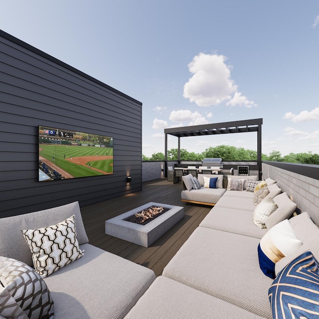 1342 W Wellington Ave, Chicago, IL 60657 - wooden terrace featuring an outdoor living space with a fire pit and exterior kitchen