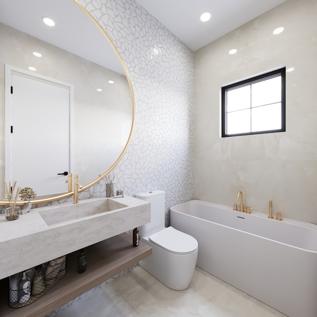 1342 W Wellington Ave, Chicago, IL 60657 - bathroom with recessed lighting, a freestanding tub, toilet, and wallpapered walls