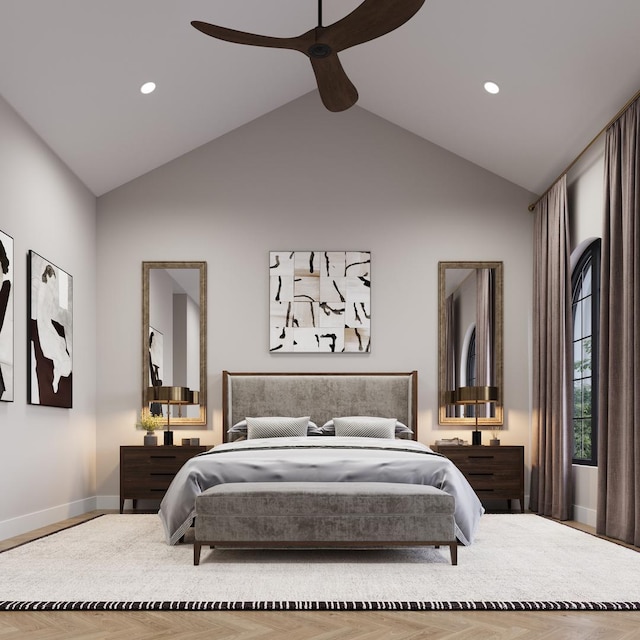 1342 W Wellington Ave, Chicago, IL 60657 - bedroom featuring ceiling fan, wood finished floors, baseboards, high vaulted ceiling, and recessed lighting