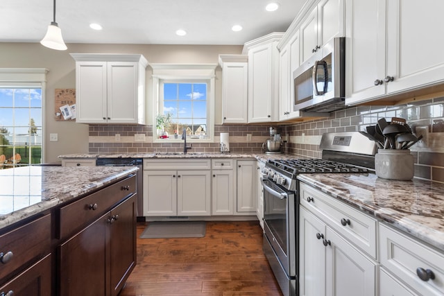 kitchen with dark wood-type flooring, appliances with stainless steel finishes, white cabinetry, and a healthy amount of sunlight