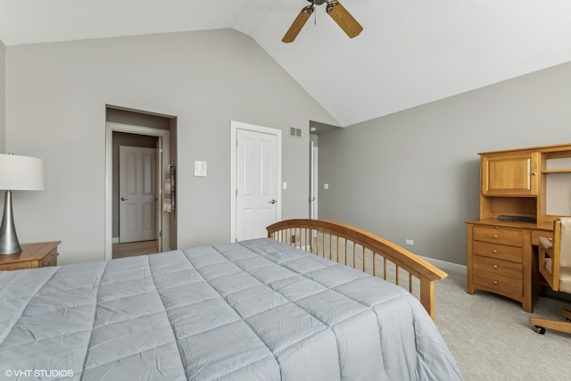 carpeted bedroom with ceiling fan and lofted ceiling