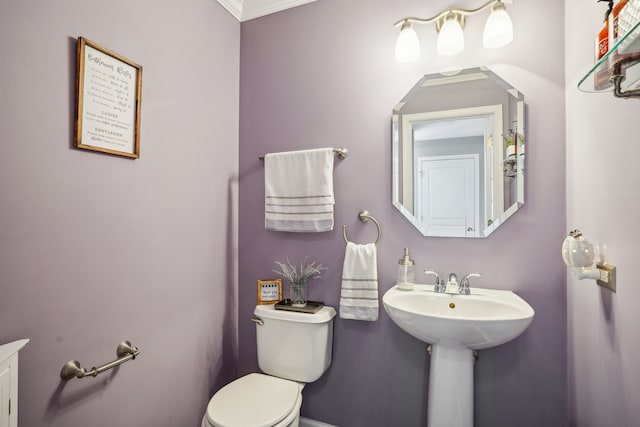 bathroom with toilet, crown molding, and sink