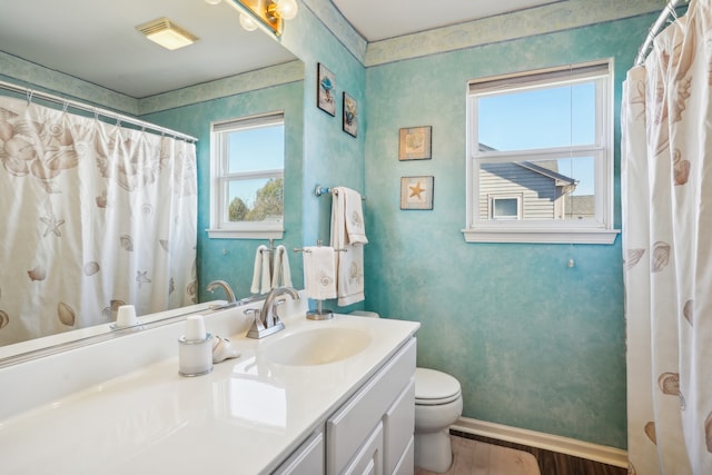 bathroom featuring a healthy amount of sunlight, vanity, wood-type flooring, and toilet