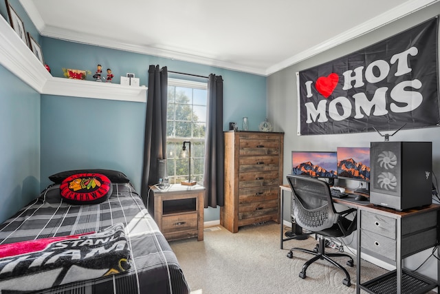 bedroom featuring ornamental molding and carpet flooring