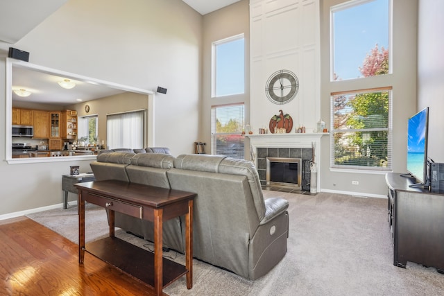 living room with a towering ceiling, light hardwood / wood-style flooring, a healthy amount of sunlight, and a fireplace