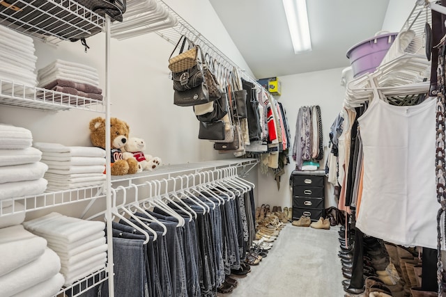 walk in closet with lofted ceiling and carpet floors