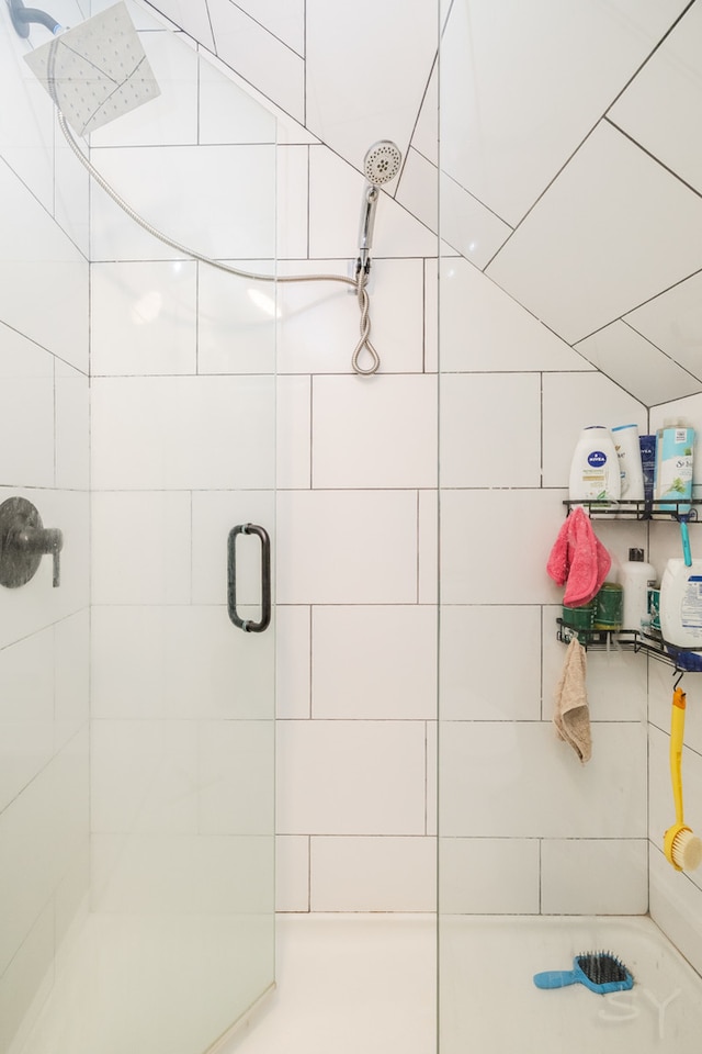 bathroom featuring a shower with shower door