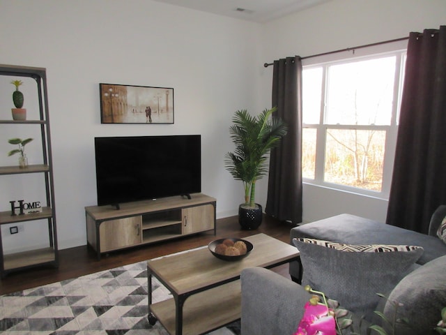 living room with a healthy amount of sunlight and dark wood-type flooring