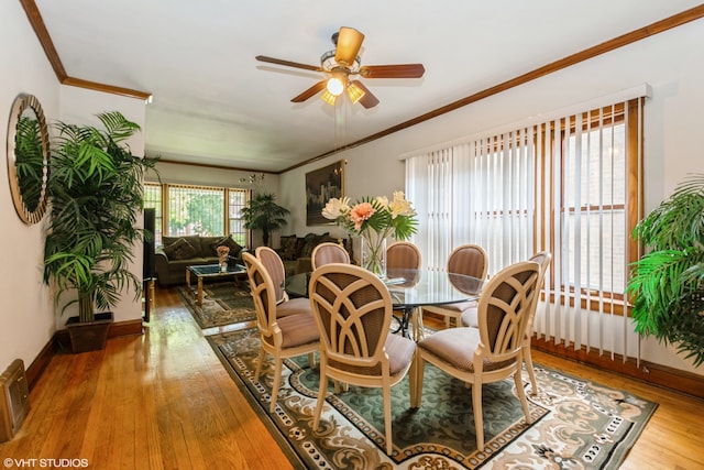 dining area with crown molding, hardwood / wood-style flooring, and ceiling fan