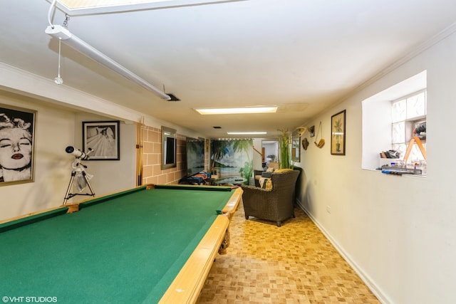 game room with crown molding and billiards