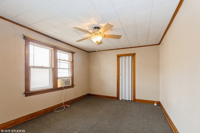 carpeted spare room featuring ceiling fan, crown molding, and cooling unit