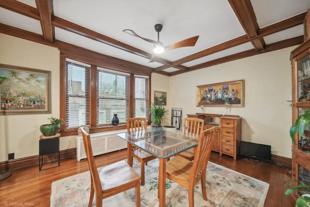 dining area with coffered ceiling, dark hardwood / wood-style floors, ceiling fan, beam ceiling, and radiator heating unit