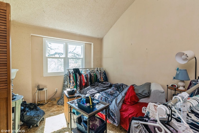 bedroom featuring lofted ceiling and carpet floors