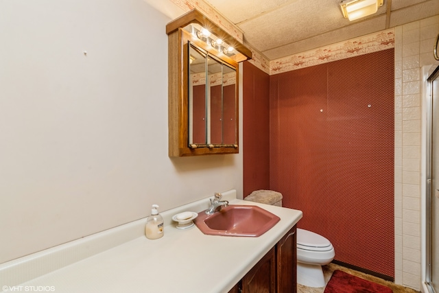 bathroom featuring a shower with door, vanity, and toilet