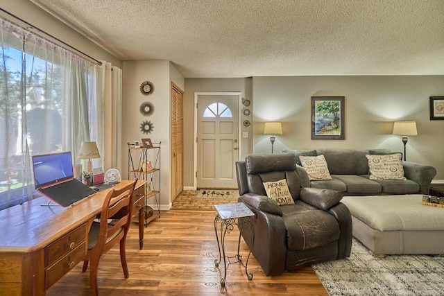 living room with light hardwood / wood-style floors and a textured ceiling