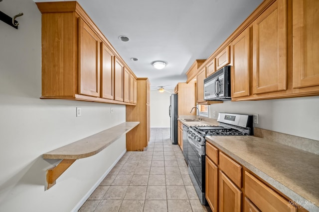 kitchen with light tile patterned floors, sink, ceiling fan, and black appliances