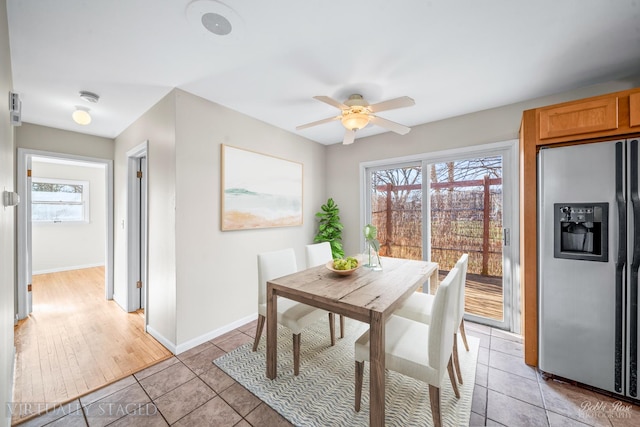 dining area featuring plenty of natural light, light hardwood / wood-style floors, and ceiling fan