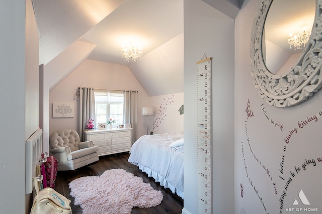 bedroom featuring lofted ceiling, an inviting chandelier, and dark hardwood / wood-style flooring