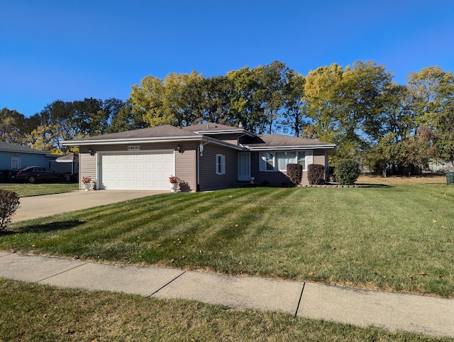 ranch-style house featuring concrete driveway, a front lawn, and an attached garage