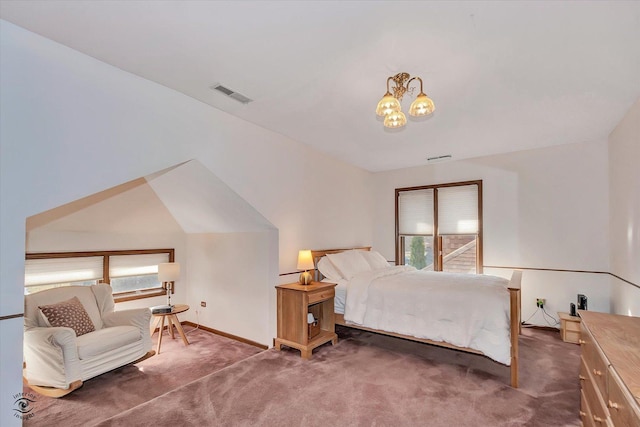 carpeted bedroom with visible vents, baseboards, and a chandelier