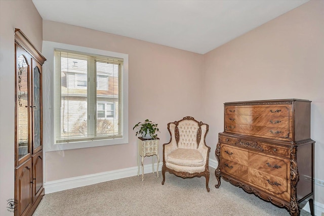 sitting room featuring baseboards and carpet flooring