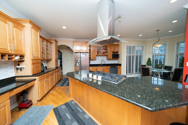 kitchen featuring appliances with stainless steel finishes, sink, island exhaust hood, light hardwood / wood-style floors, and decorative backsplash