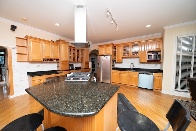 kitchen featuring island exhaust hood, light hardwood / wood-style flooring, sink, crown molding, and appliances with stainless steel finishes