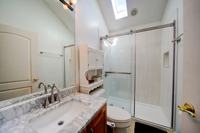 bathroom featuring toilet, an enclosed shower, lofted ceiling with skylight, and vanity