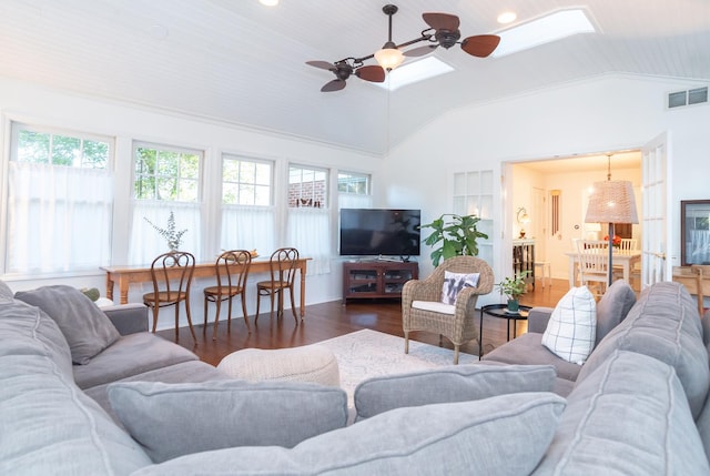 living room featuring lofted ceiling with skylight, plenty of natural light, wood ceiling, and dark hardwood / wood-style flooring