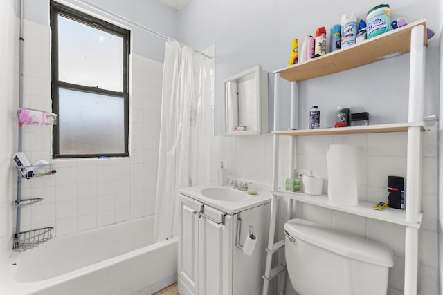 full bathroom with shower / tub combo, backsplash, vanity, tile walls, and toilet