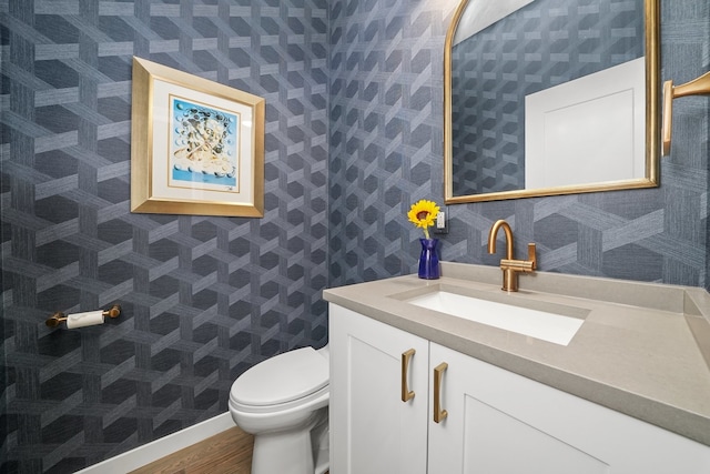 bathroom featuring vanity, hardwood / wood-style flooring, and toilet